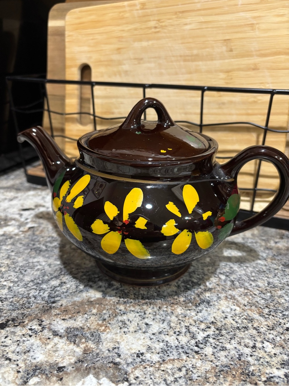 Vintage Brown Ceramic Teapot with Yellow Floral Accent